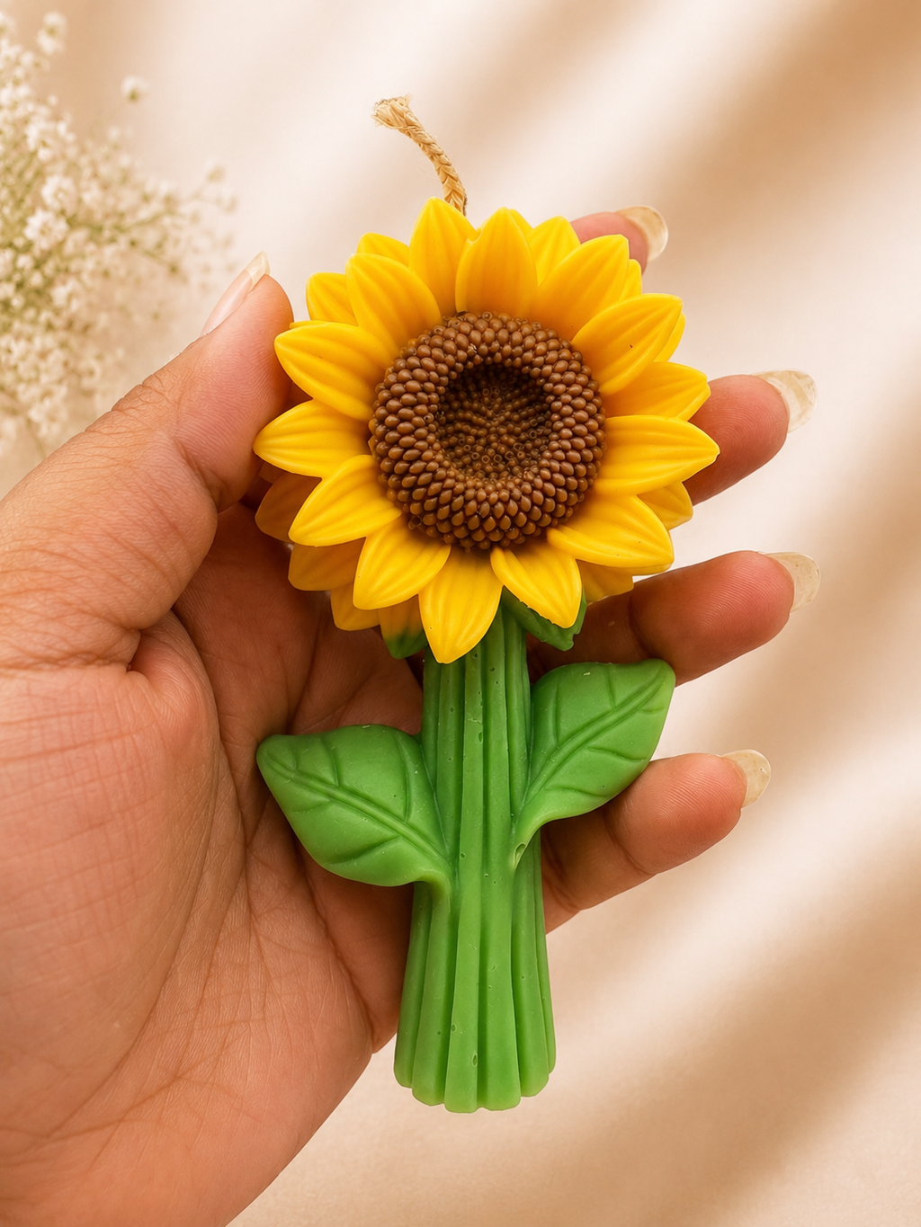 Sunflower-shaped keychain held in a hand against a beige background